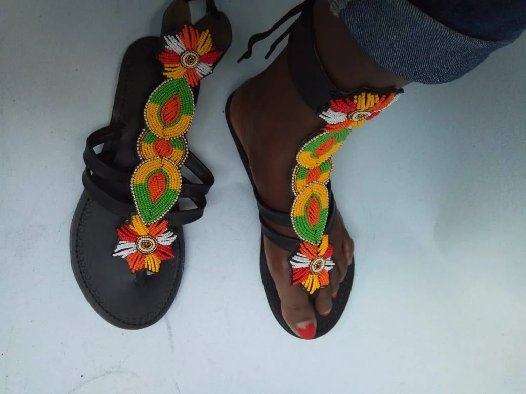 CUSTOMIZED African beaded sandals, summer sandals, Christmas gift for her,mom gift,beach sandals, leather sandals, gladiators sandals