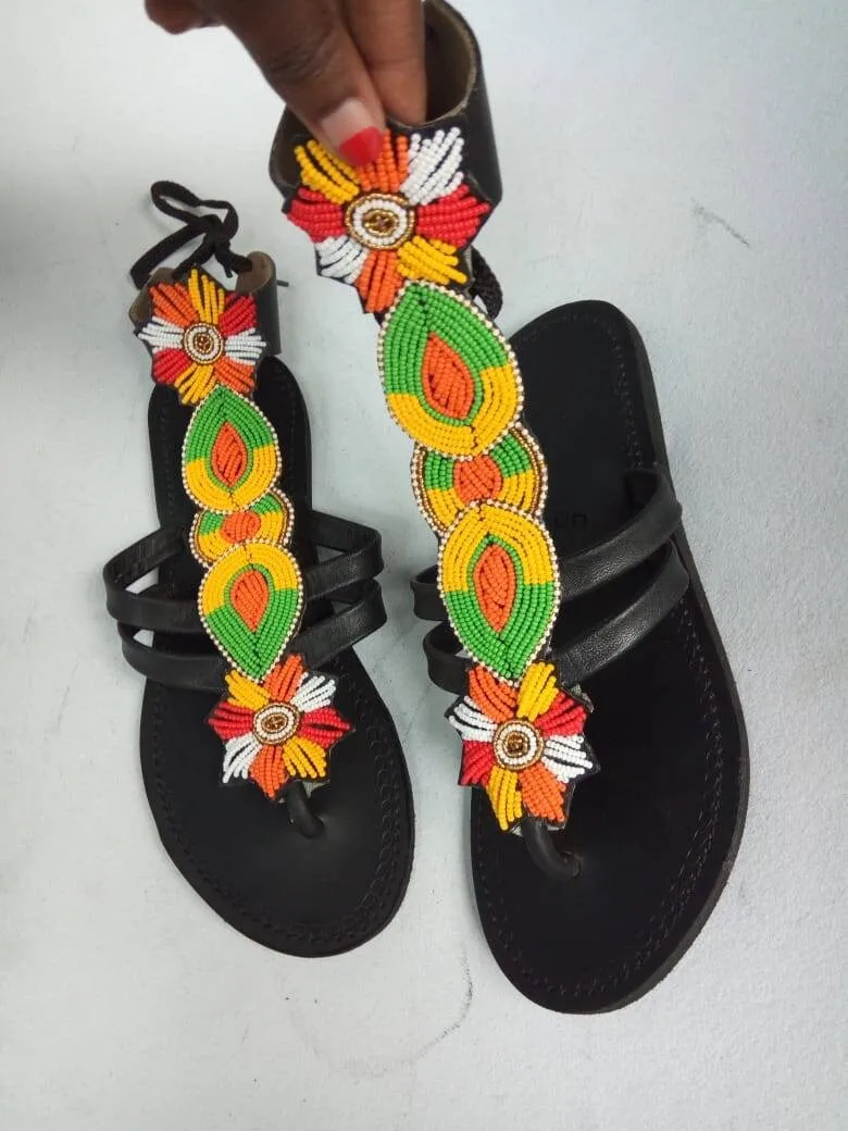 CUSTOMIZED African beaded sandals, summer sandals, Christmas gift for her,mom gift,beach sandals, leather sandals, gladiators sandals