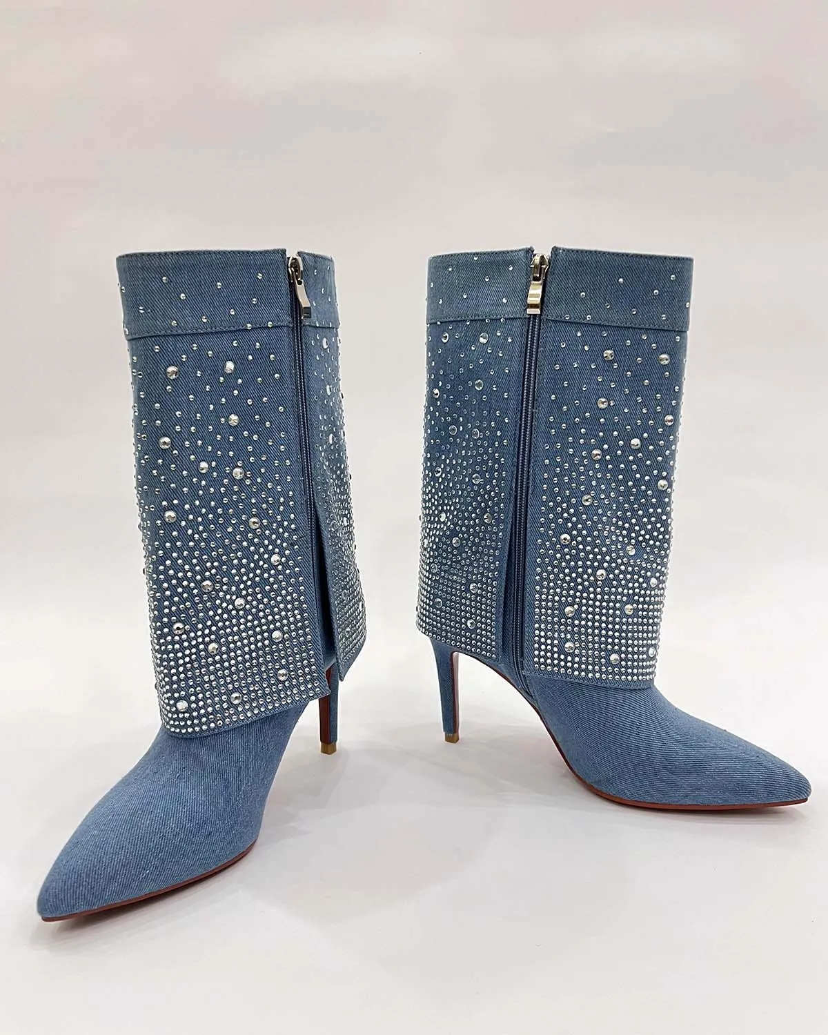 Denim mid-calf rhinestone boots for women