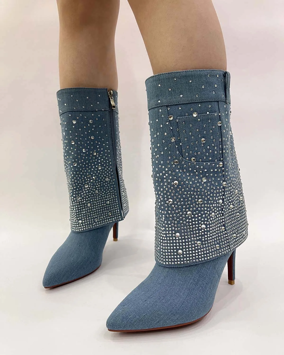 Denim mid-calf rhinestone boots for women