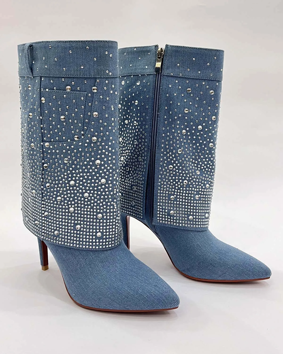 Denim mid-calf rhinestone boots for women