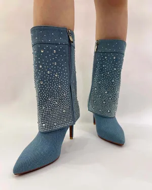Denim mid-calf rhinestone boots for women