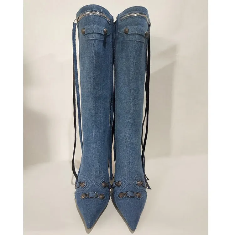 Denim Studs Knee High Fashion Boots