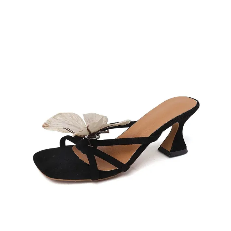 Designer Summers Open Toe Butterfly-knot Women Slippers Fashion Slip On Ladies Elegant Thick Heel Dress Slides