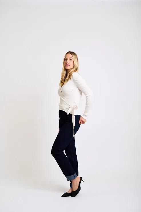 Elegant Ribbed Wrap Top in Ivory