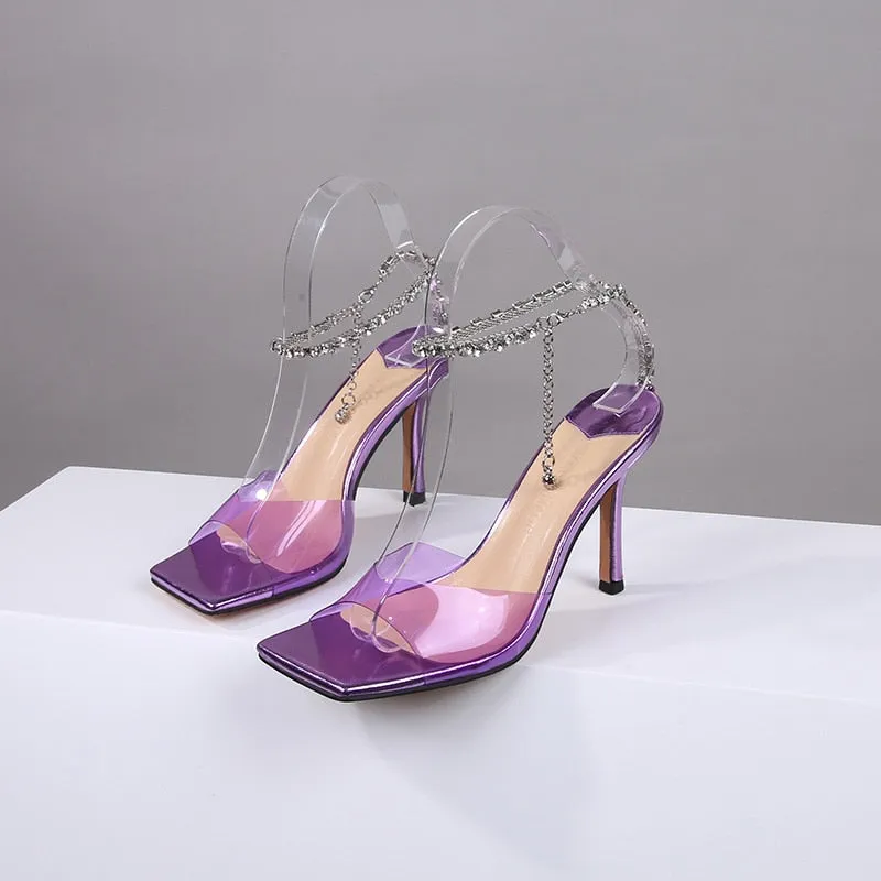 European and American Summer New Sandals Women's 2023 High Heel Shoes Thin Heel Transparent Square Head Rhinestone Women's Shoes