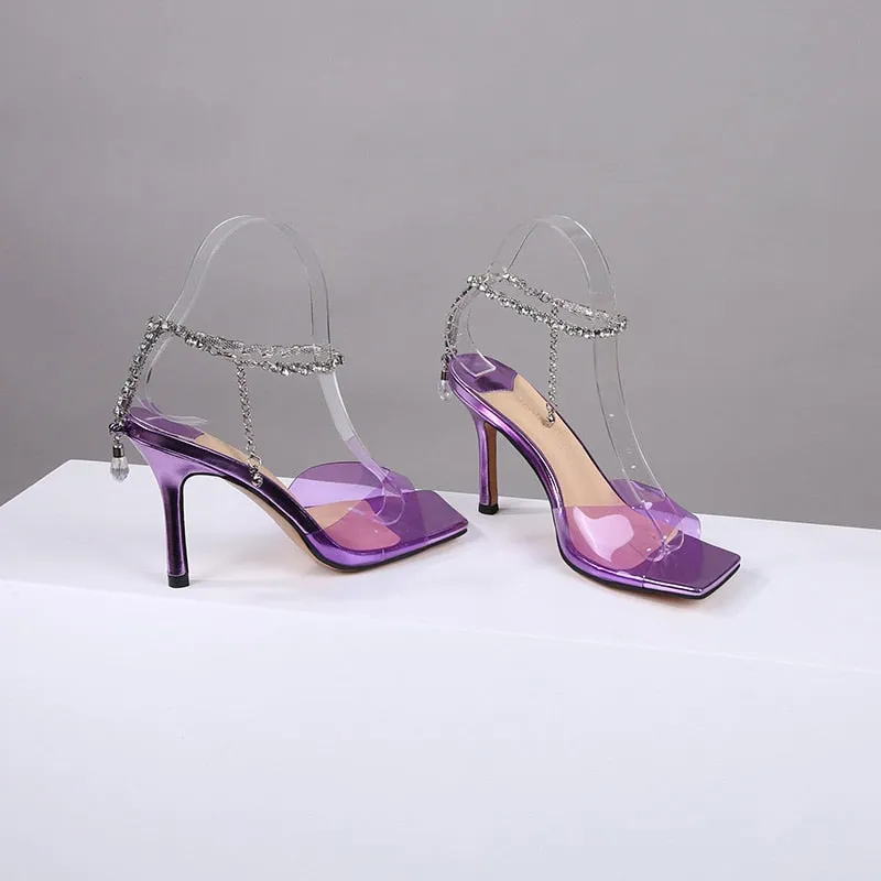 European and American Summer New Sandals Women's 2023 High Heel Shoes Thin Heel Transparent Square Head Rhinestone Women's Shoes
