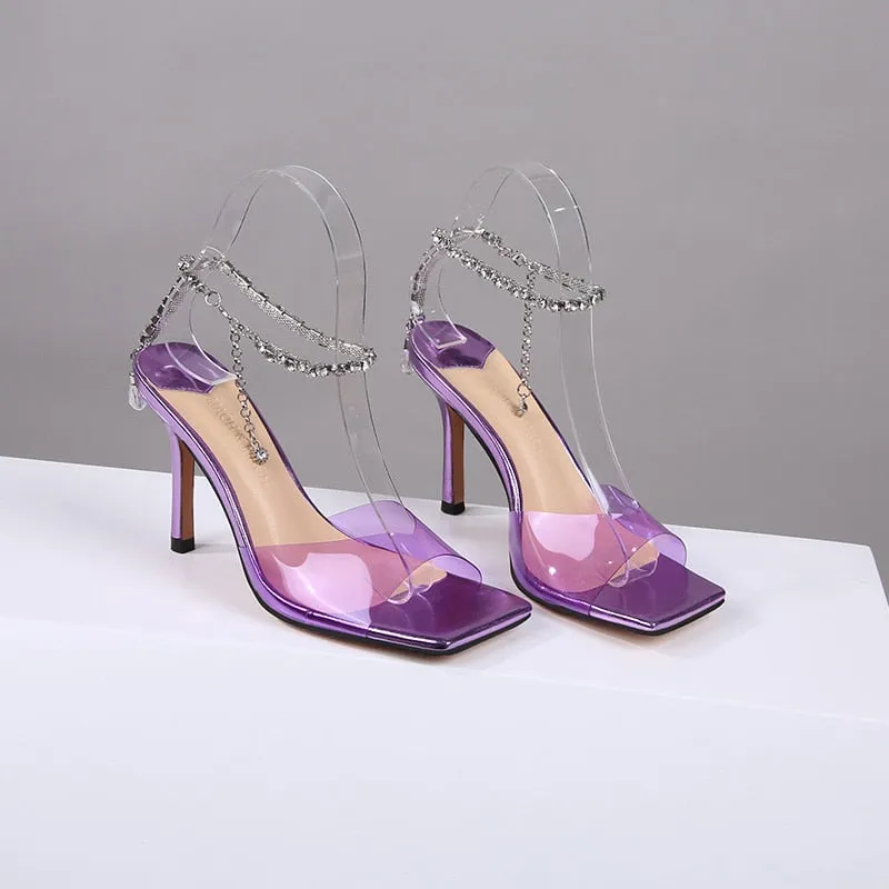 European and American Summer New Sandals Women's 2023 High Heel Shoes Thin Heel Transparent Square Head Rhinestone Women's Shoes