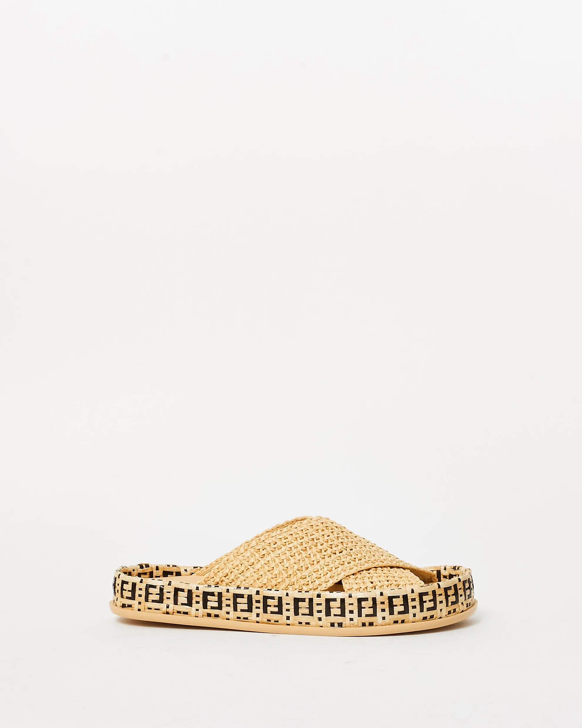 Fendi Beige Raffia Reflection Crisscross Slide Sandals - 35.5