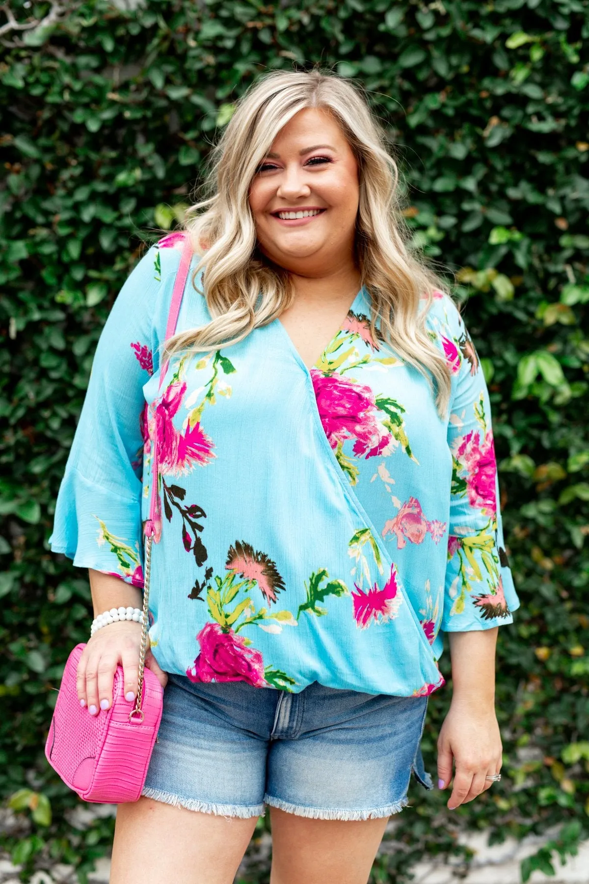 Floral Affection Wrap Blouse- Sky Blue