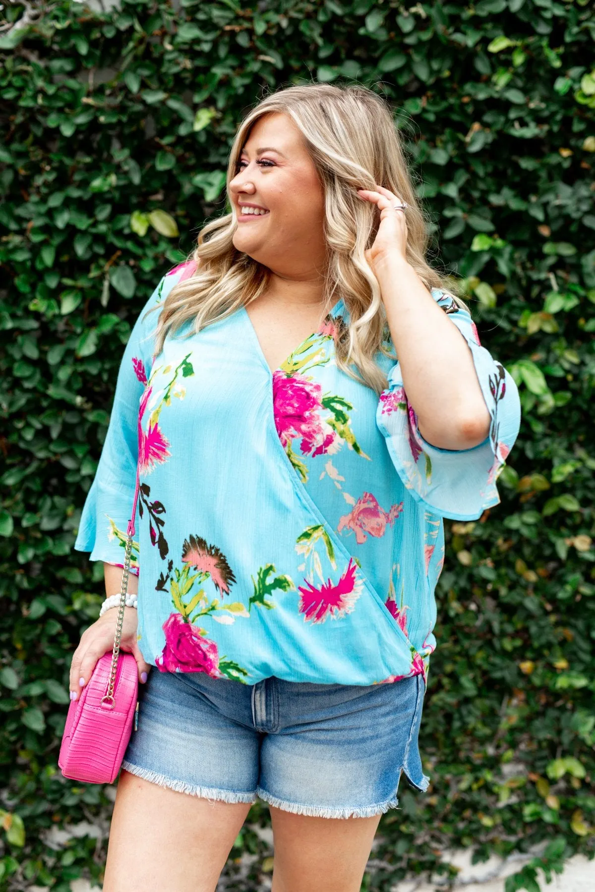 Floral Affection Wrap Blouse- Sky Blue