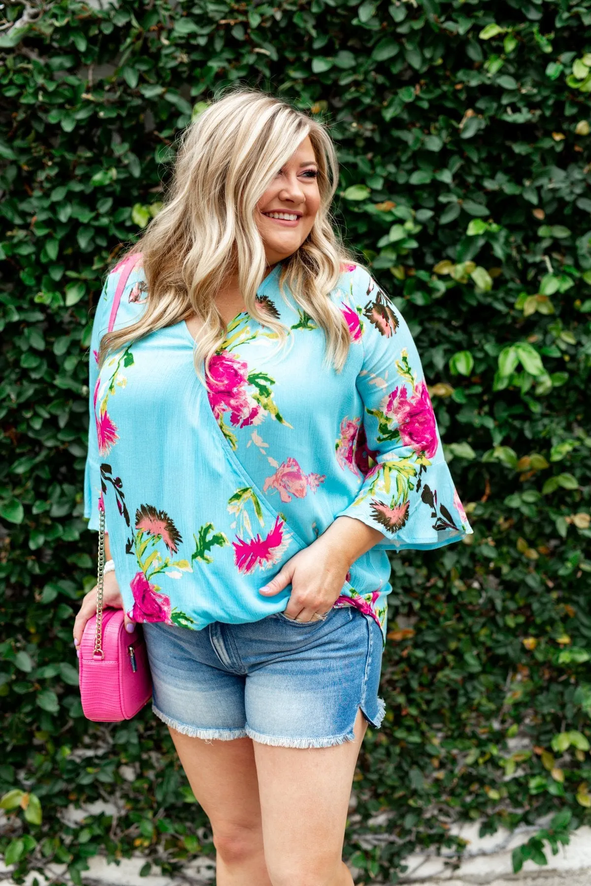 Floral Affection Wrap Blouse- Sky Blue