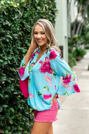 Floral Affection Wrap Blouse- Sky Blue
