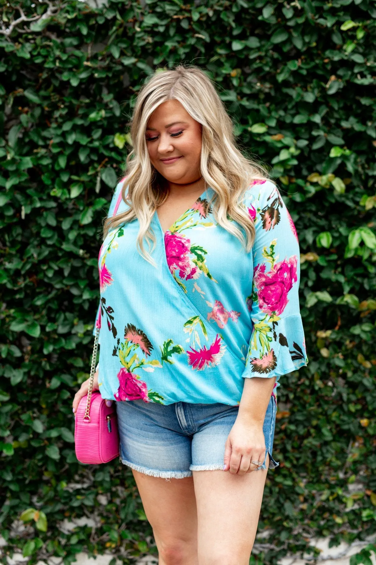 Floral Affection Wrap Blouse- Sky Blue
