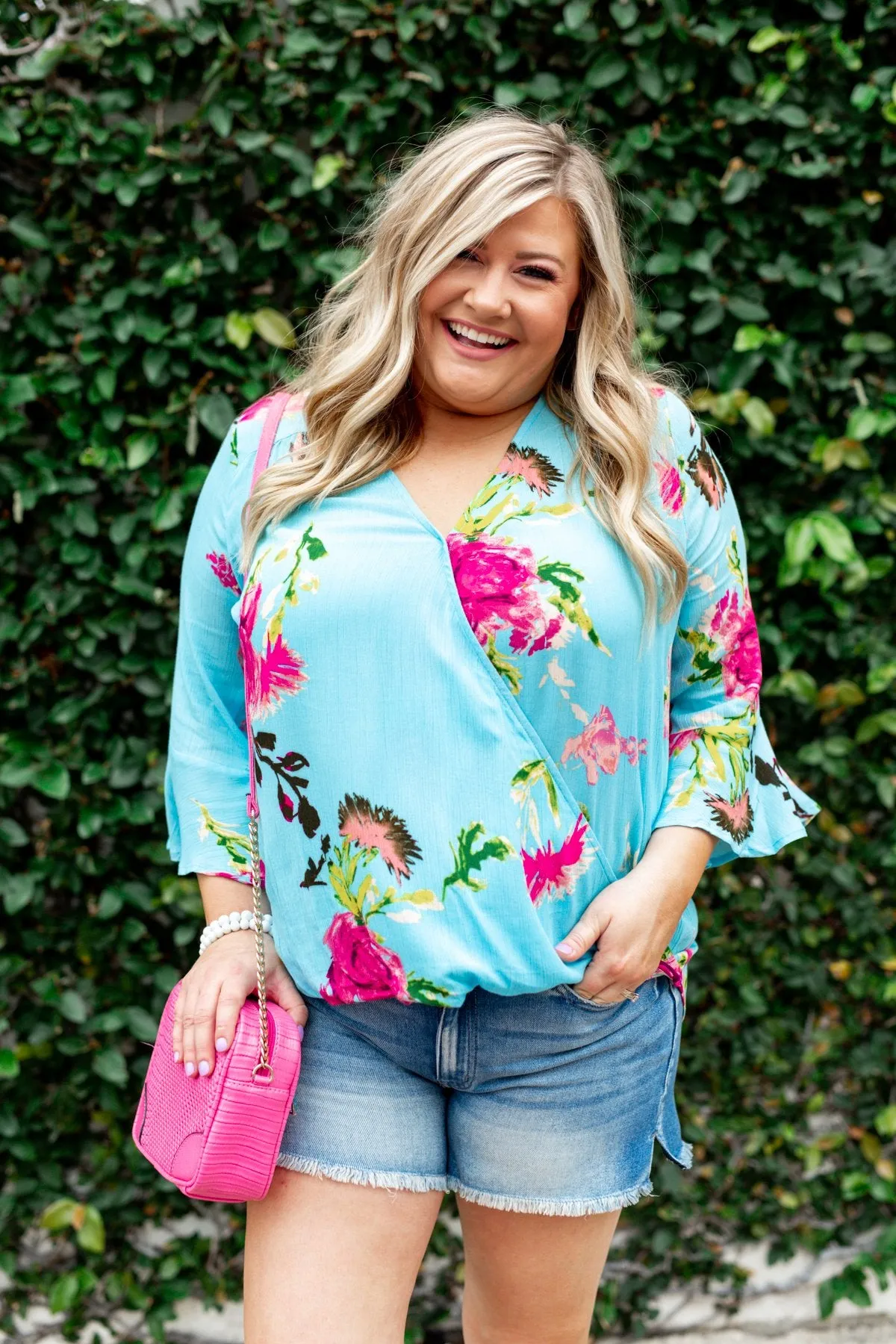 Floral Affection Wrap Blouse- Sky Blue