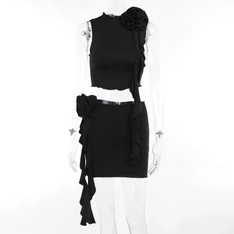 Flower Tops Wrap Hip Short Skirt Two Piece Sets