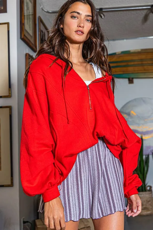 French Terry Zip Pullover Hoodie in Red