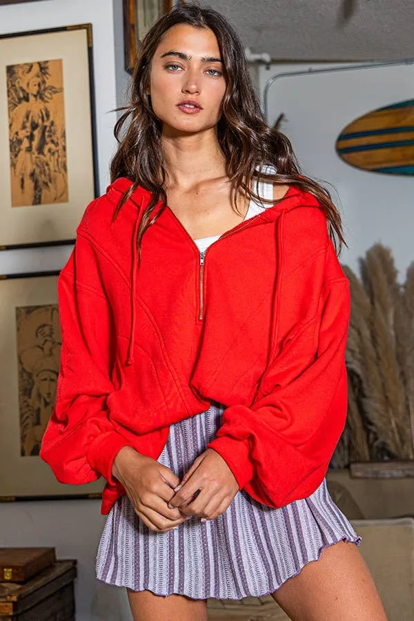 French Terry Zip Pullover Hoodie in Red