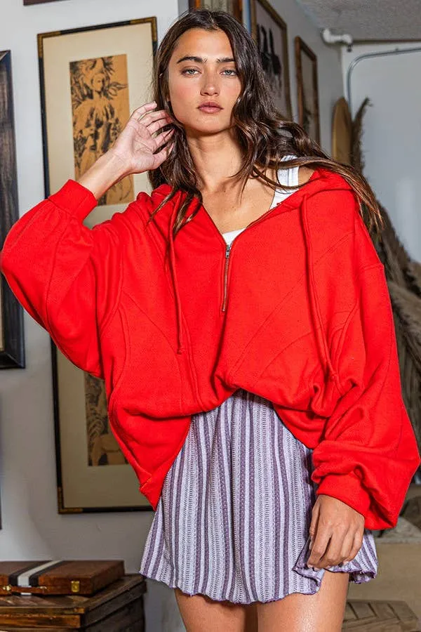 French Terry Zip Pullover Hoodie in Red