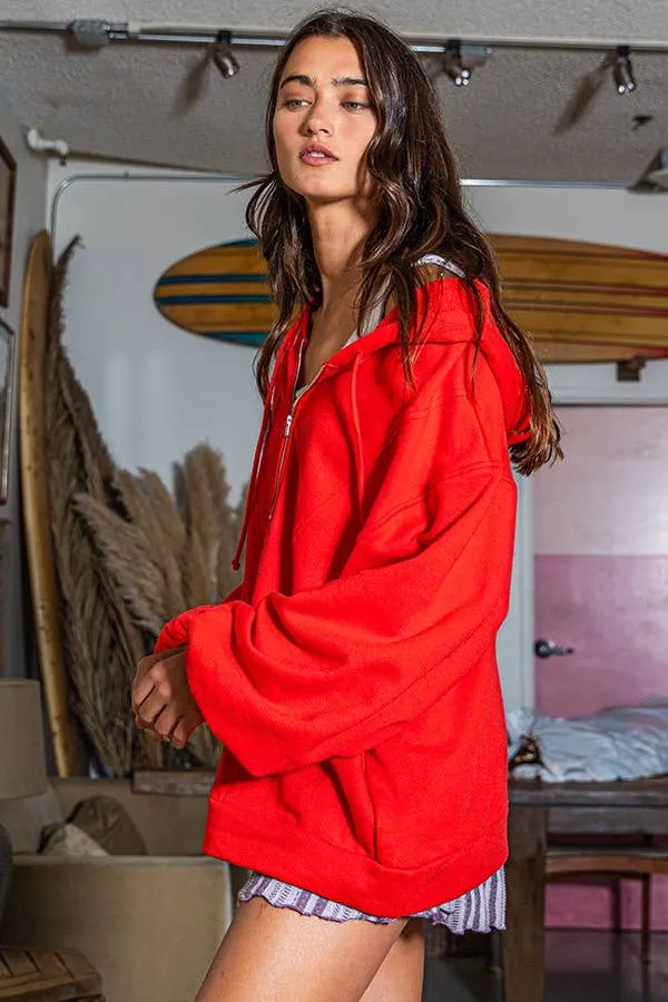 French Terry Zip Pullover Hoodie in Red