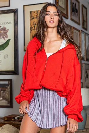 French Terry Zip Pullover Hoodie in Red