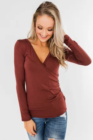 Gathering My Thoughts Wrap Top- Clay Brown