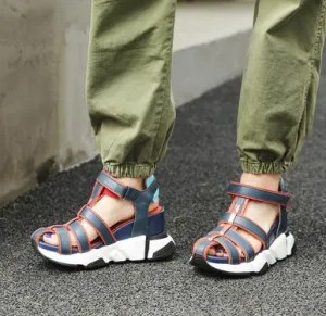 Genuine Leather Casual Sandals Women New Mixed Color  Narrow Band Hollow Out Wedge Heels Sneakers Summer Shoes