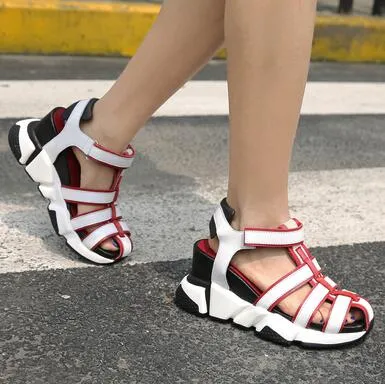 Genuine Leather Casual Sandals Women New Mixed Color  Narrow Band Hollow Out Wedge Heels Sneakers Summer Shoes