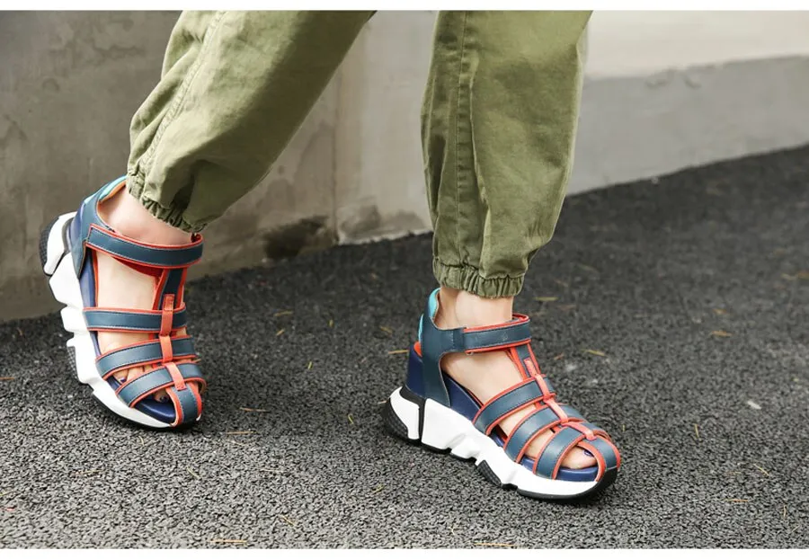 Genuine Leather Casual Sandals Women New Mixed Color  Narrow Band Hollow Out Wedge Heels Sneakers Summer Shoes