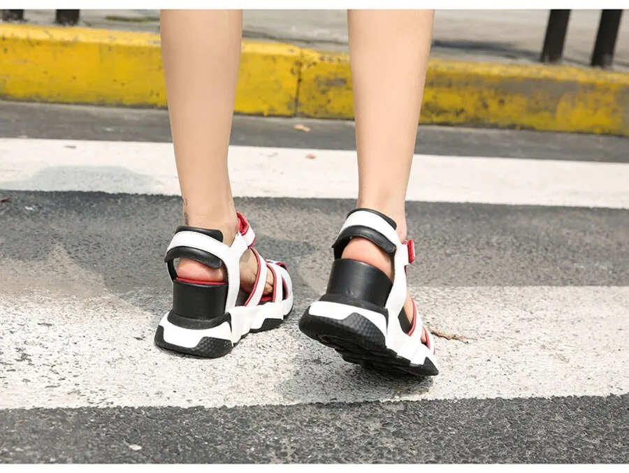 Genuine Leather Casual Sandals Women New Mixed Color  Narrow Band Hollow Out Wedge Heels Sneakers Summer Shoes