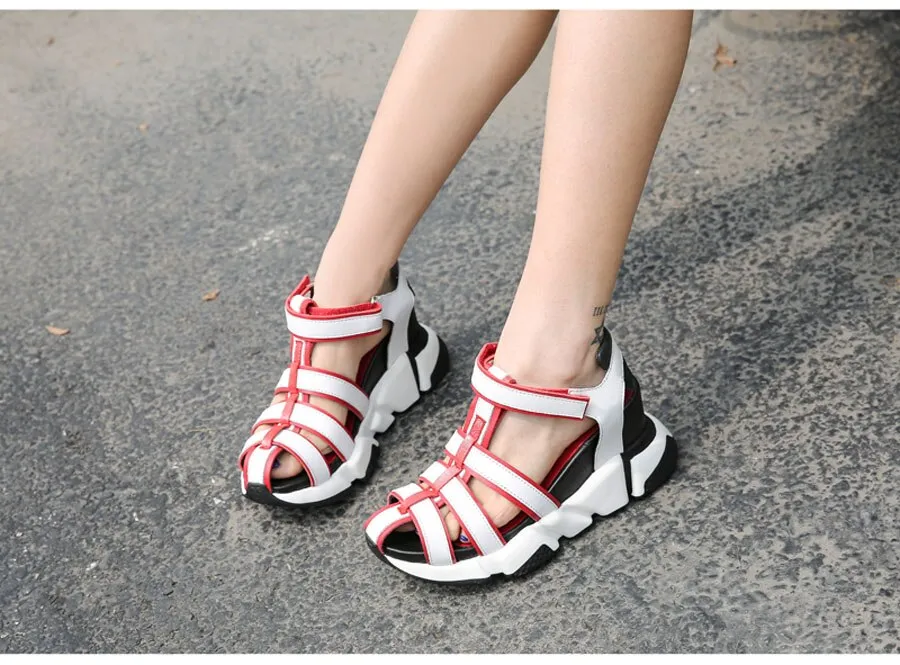 Genuine Leather Casual Sandals Women New Mixed Color  Narrow Band Hollow Out Wedge Heels Sneakers Summer Shoes