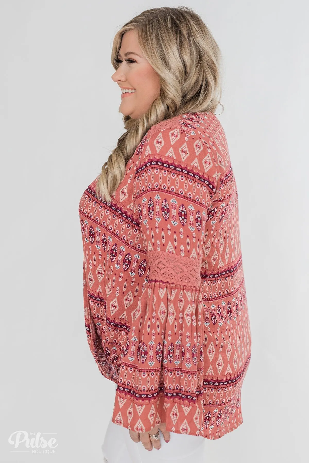 Good Vibes Only Wrap Detail V-Neck Top- Light Rust