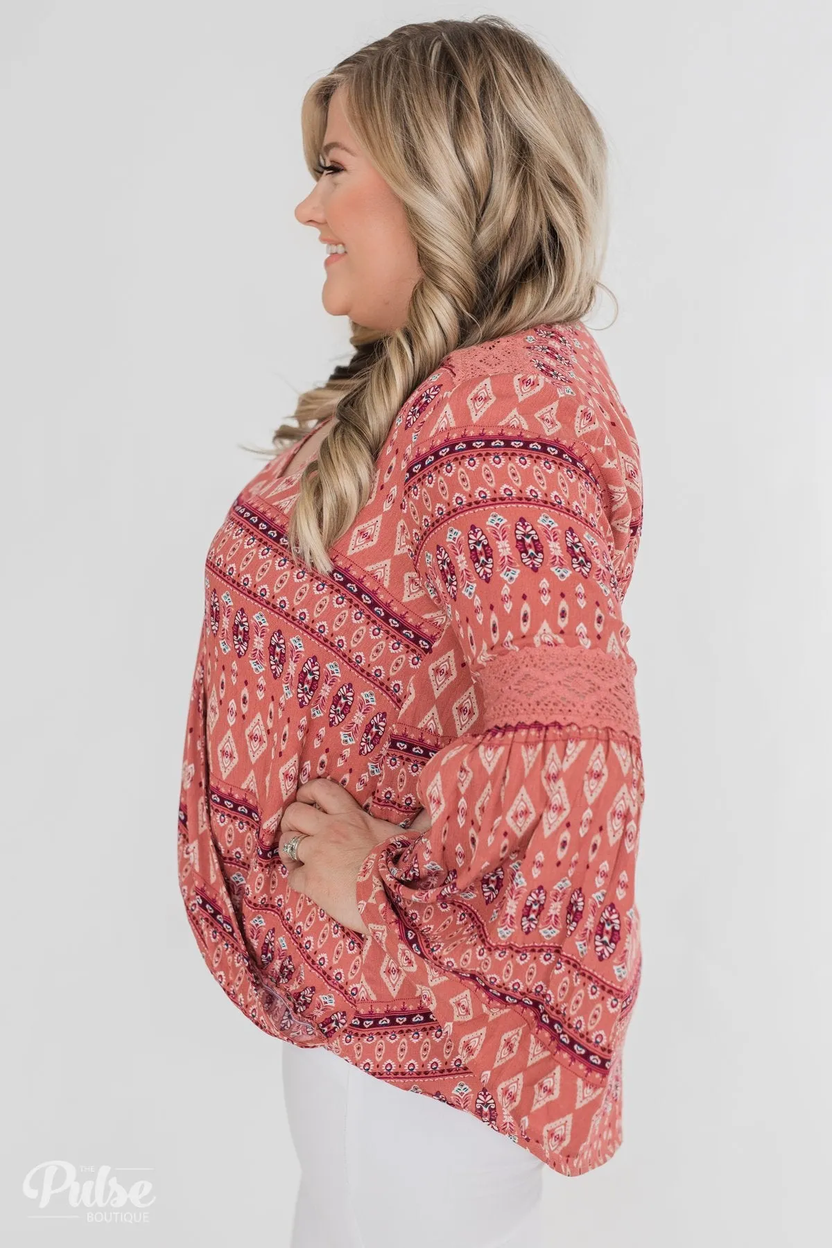 Good Vibes Only Wrap Detail V-Neck Top- Light Rust