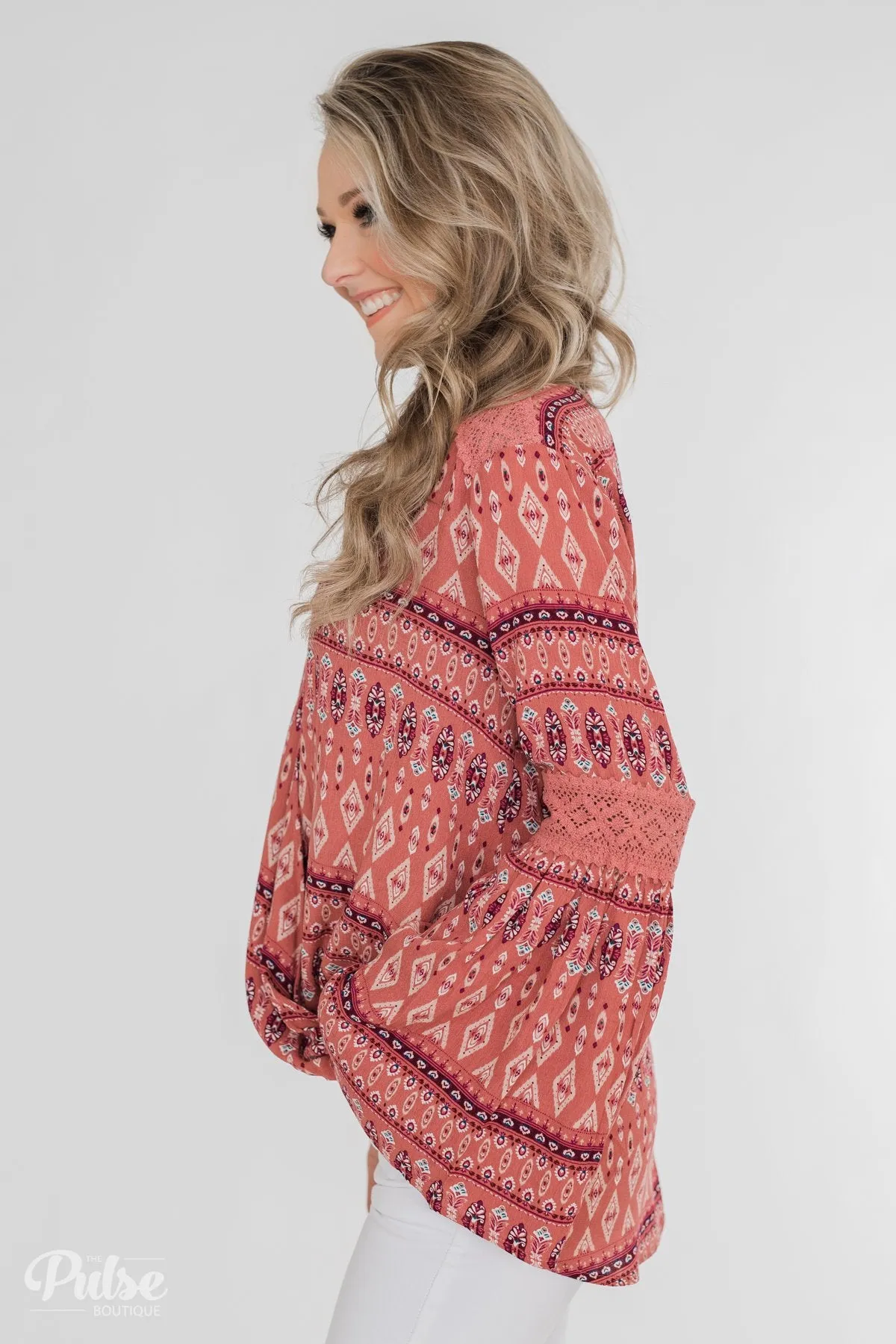 Good Vibes Only Wrap Detail V-Neck Top- Light Rust