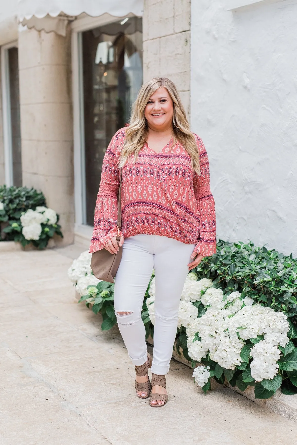 Good Vibes Only Wrap Detail V-Neck Top- Light Rust