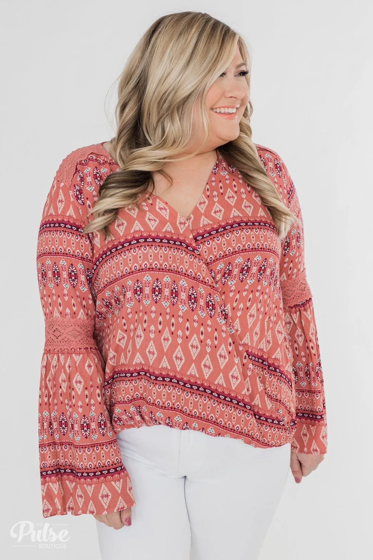 Good Vibes Only Wrap Detail V-Neck Top- Light Rust