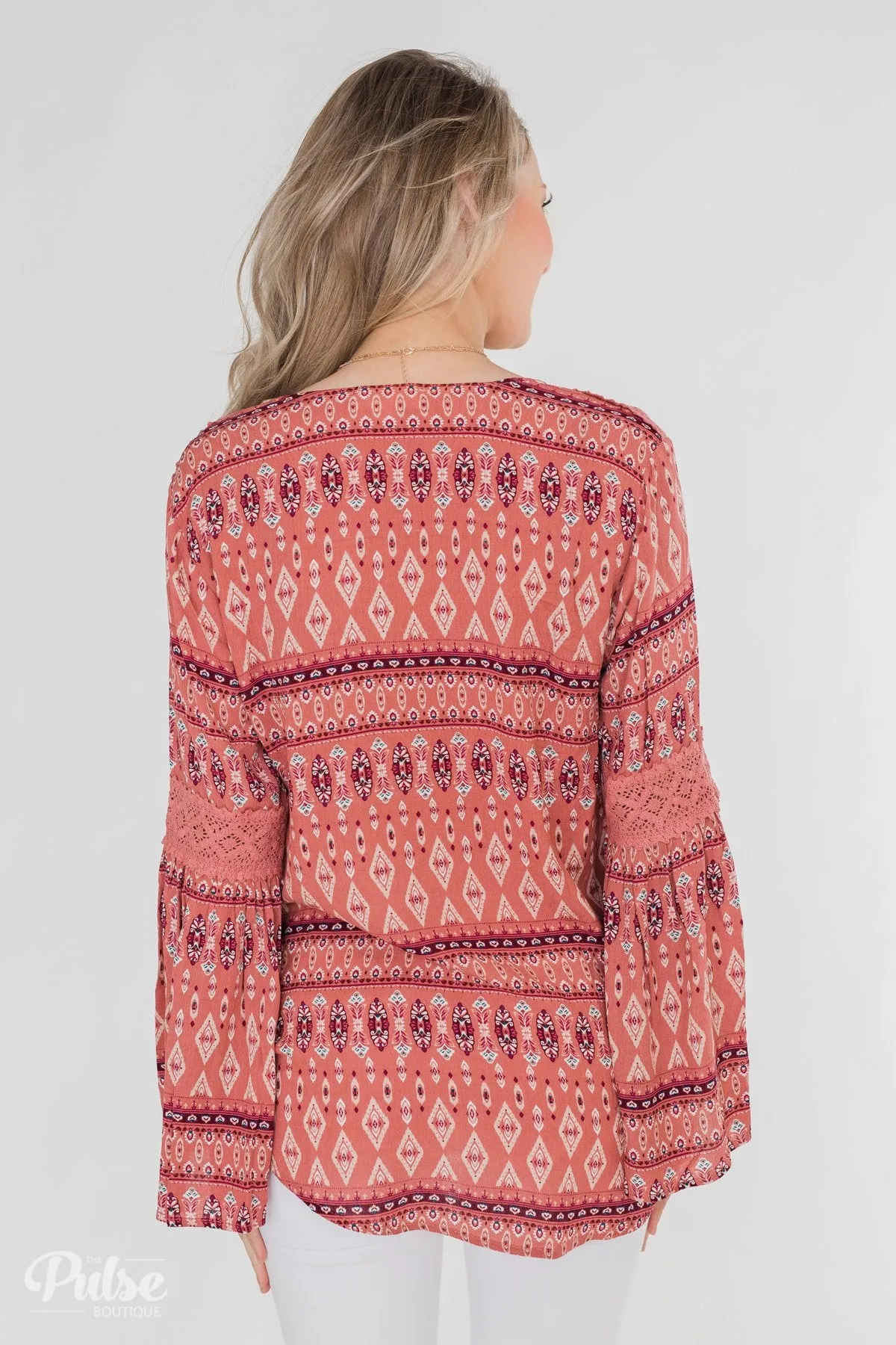 Good Vibes Only Wrap Detail V-Neck Top- Light Rust