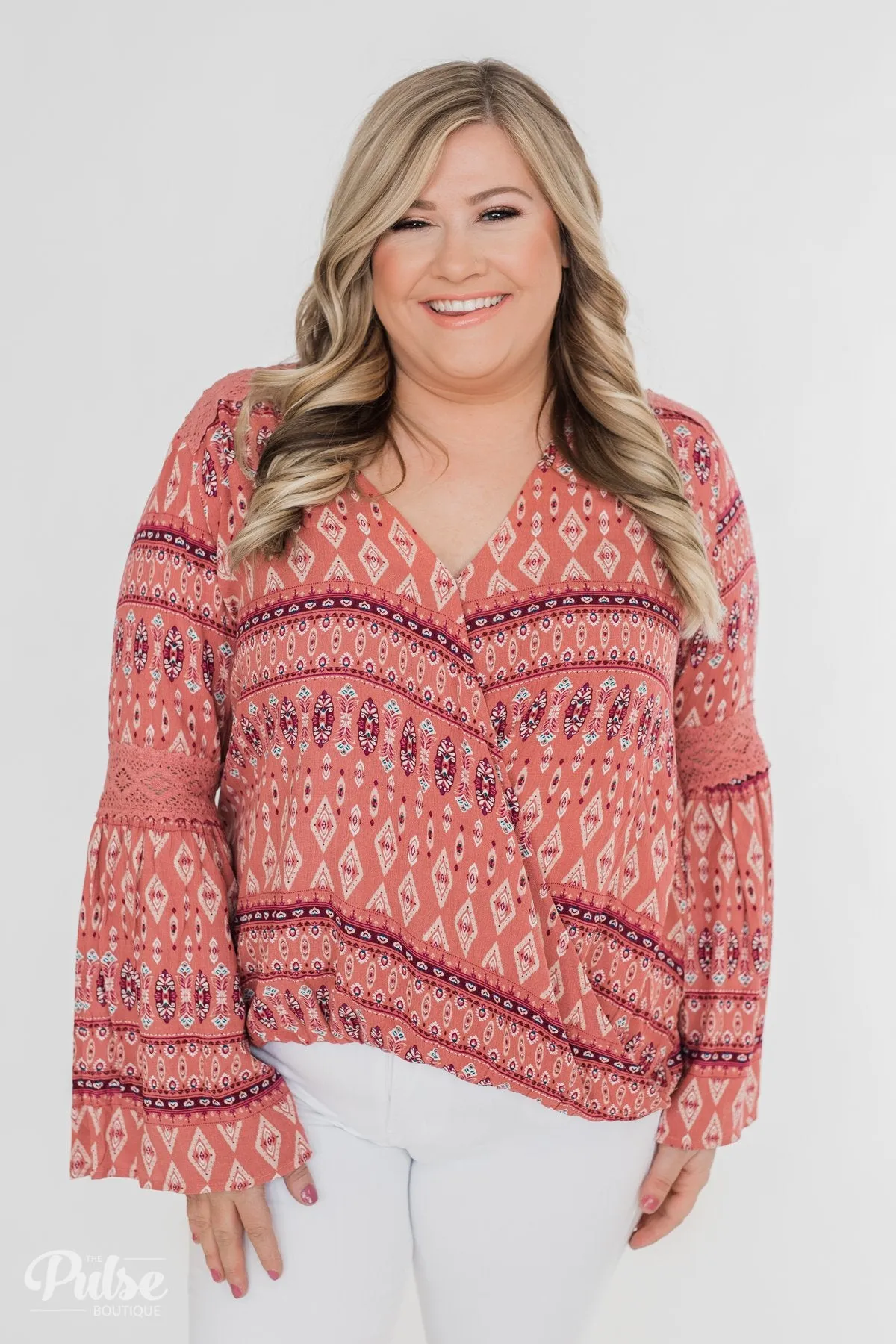 Good Vibes Only Wrap Detail V-Neck Top- Light Rust