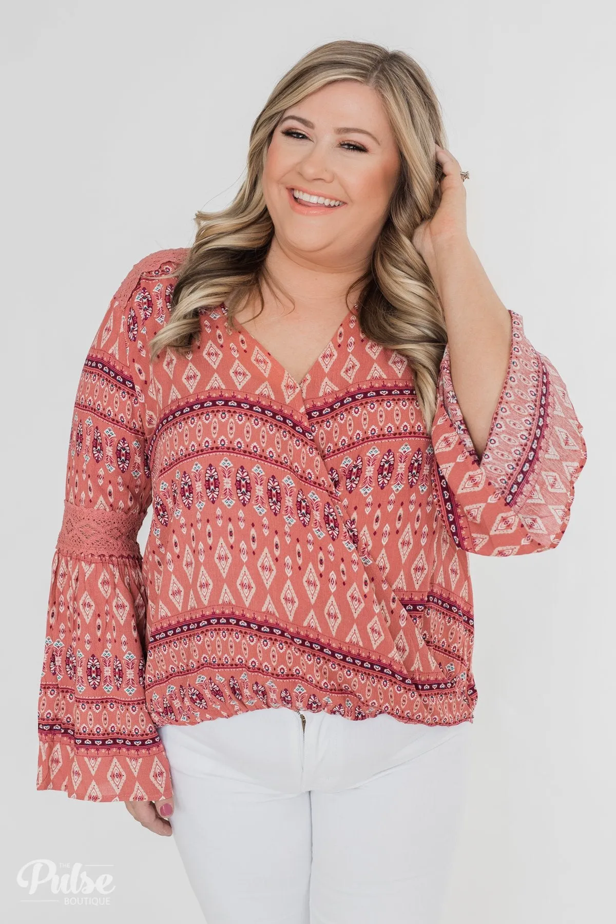 Good Vibes Only Wrap Detail V-Neck Top- Light Rust