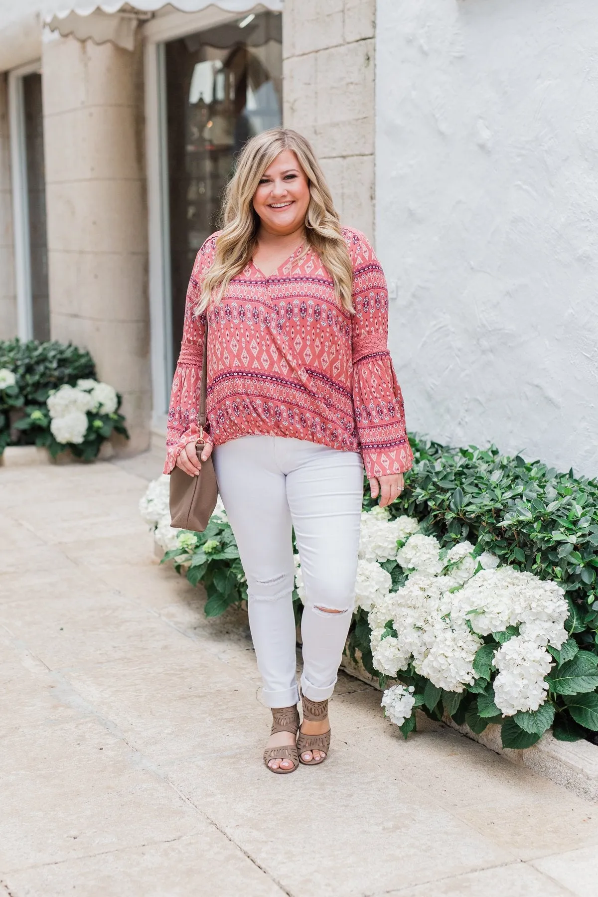 Good Vibes Only Wrap Detail V-Neck Top- Light Rust