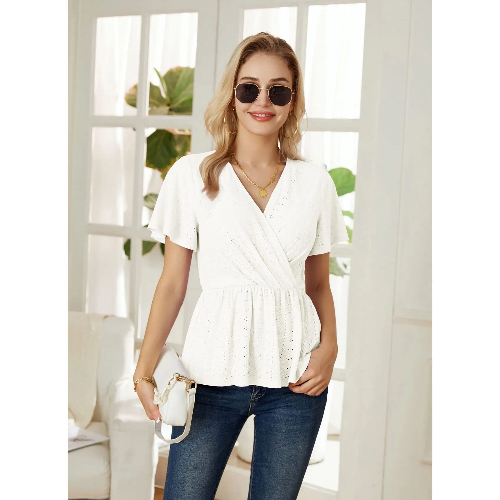 GRACE KARIN Womens Wrap Tops V Neck Eyelet Top Ruffle Sleeve Peplum Blouse 2023 Summer Casual T Shirts