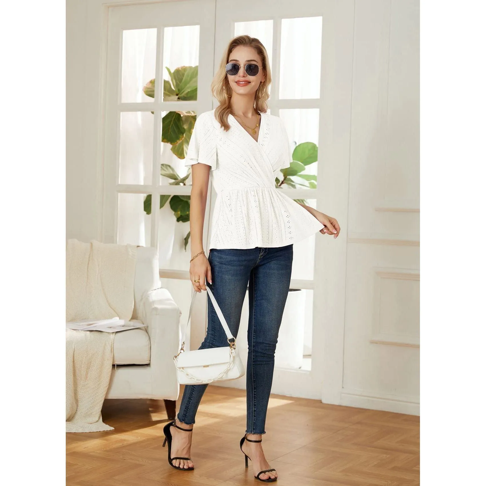 GRACE KARIN Womens Wrap Tops V Neck Eyelet Top Ruffle Sleeve Peplum Blouse 2023 Summer Casual T Shirts