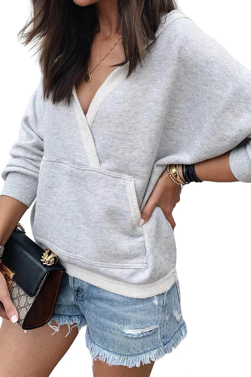 Gray Contrast Trim Wrap V Neck Sweatshirt