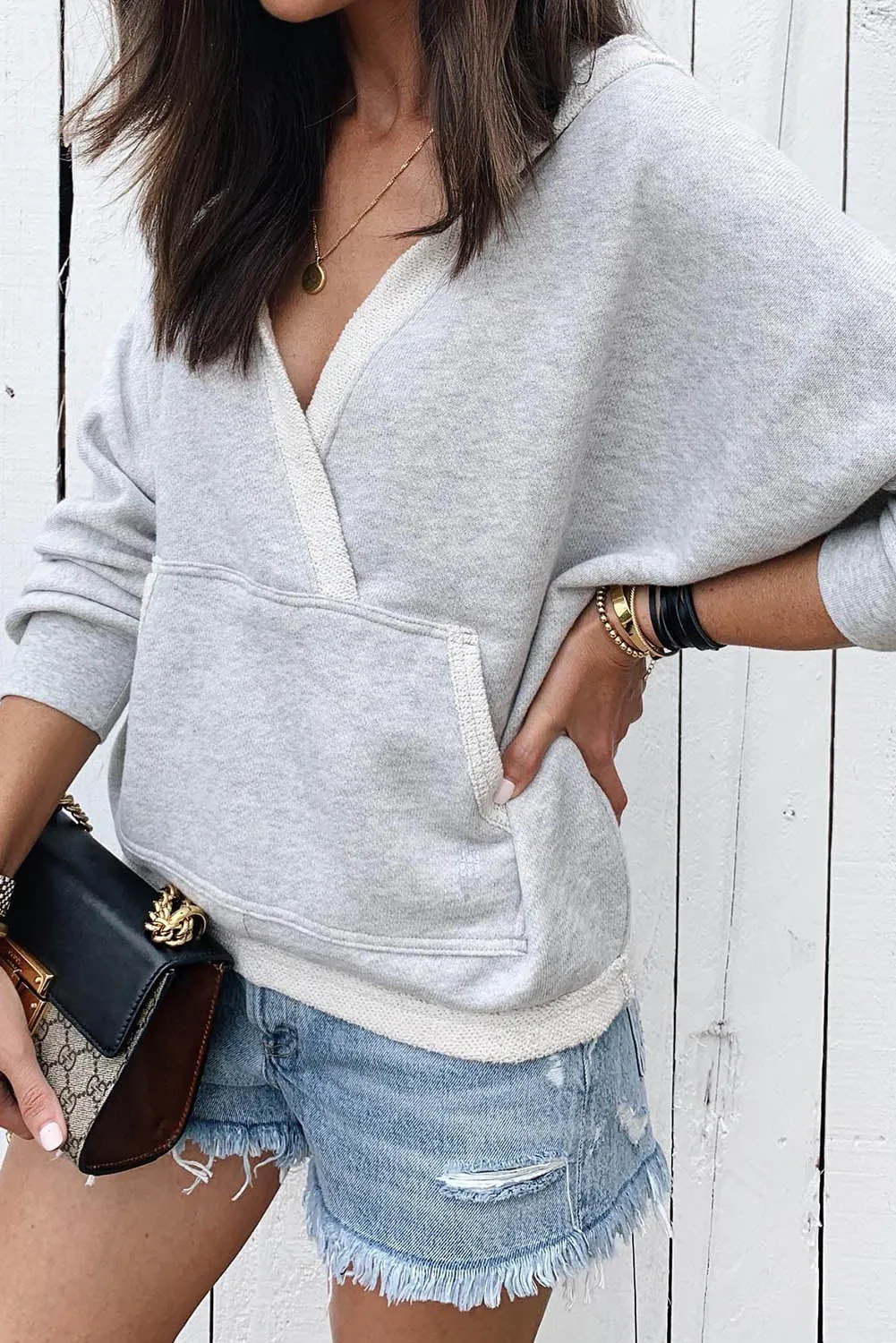 Gray Contrast Trim Wrap V Neck Sweatshirt