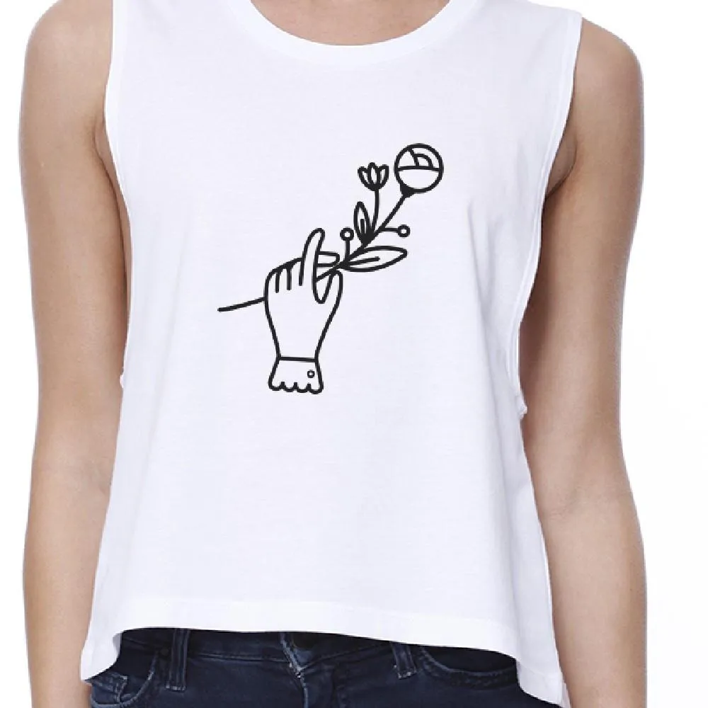 Hand Holding Flower Crop Tank- White