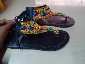 Handmade African Beaded Sandals/Authentic Maasai-Style Leather Flip-Flops Women/Boho Beach Sandals/Comfortable Summer Sandal African Gifts
