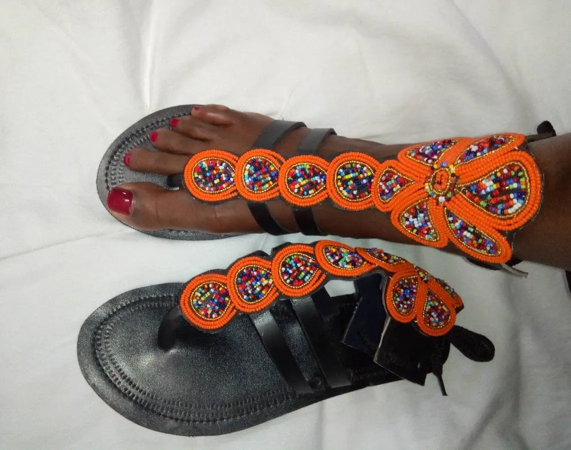 Handmade African Beaded Sandals/Authentic Maasai-Style Leather Flip-Flops Women/Boho Beach Sandals/Comfortable Summer Sandal African Gifts