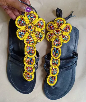 Handmade African Beaded Sandals/Authentic Maasai-Style Leather Flip-Flops Women/Boho Beach Sandals/Comfortable Summer Sandal African Gifts