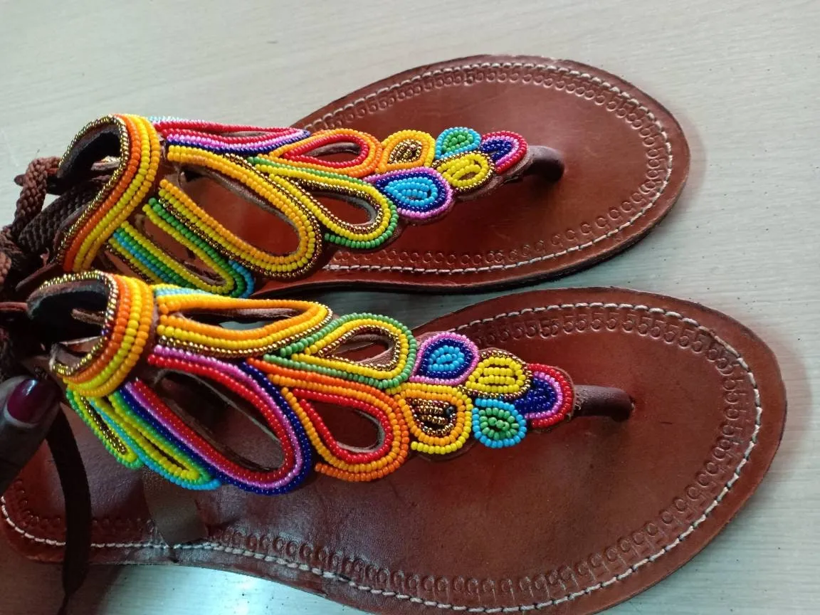 Handmade African Beaded Sandals/Authentic Maasai-Style Leather Flip-Flops Women/Boho Beach Sandals/Comfortable Summer Sandal African Gifts