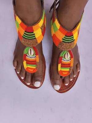 Handmade African Beaded Sandals/Authentic Maasai-Style Leather Flip-Flops Women/Boho Beach Sandals/Comfortable Summer Sandal African Gifts